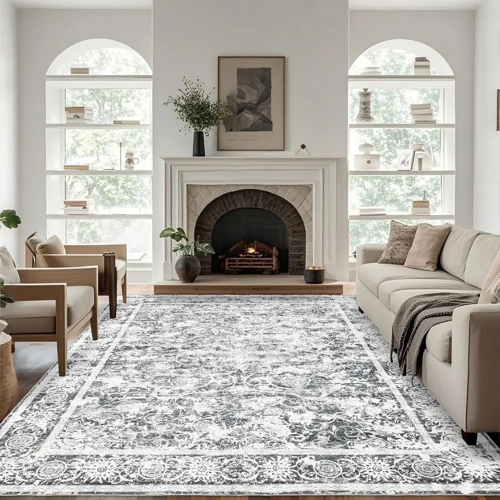 

Grey Boho Vintage 8x10 Area Rug - Soft, Low Pile for Living Room and Bedroom, Non-Slip, Stain Resistant Carpet for Dining Room