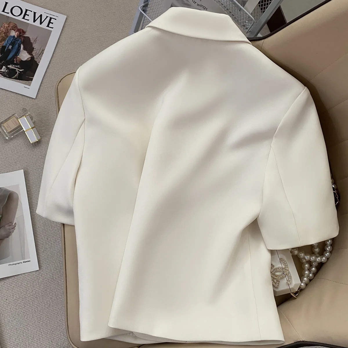 Fashionable Women's Beige Short Sleeve Single-breasted Short Top Summer Elegant Office Jacket Top Street Wear Korean Style Trend