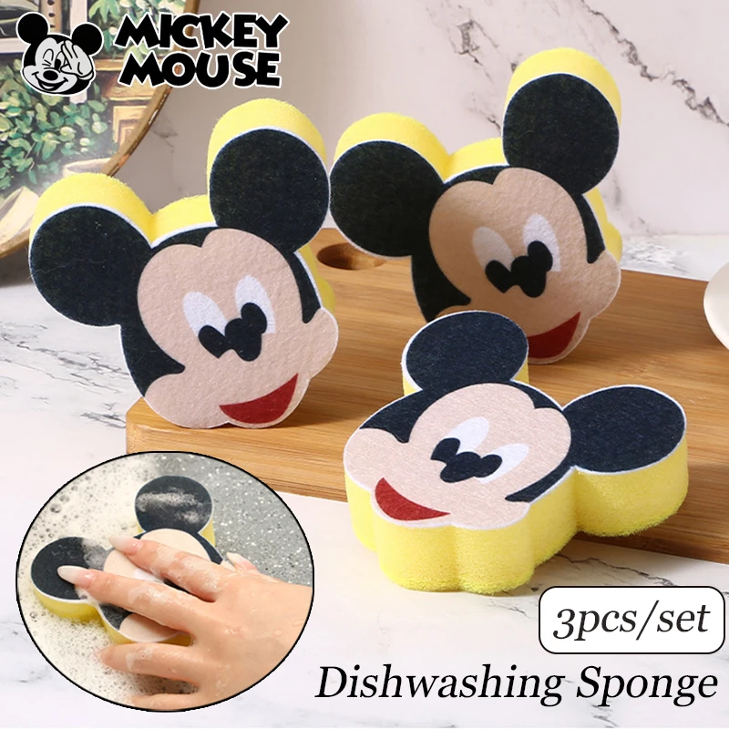 3pcs Disney Mickey Mouse Dishwashing Sponge Household Scouring Pad Cartoon Kitchen Wipe Brush Washing Dishes Tools Accessories