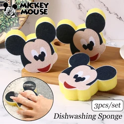 Disney-esponja de Mickey Mouse para lavar platos, estropajo de dibujos animados para el hogar, cepillo para limpiar platos, herramientas, accesorios, 3 piezas