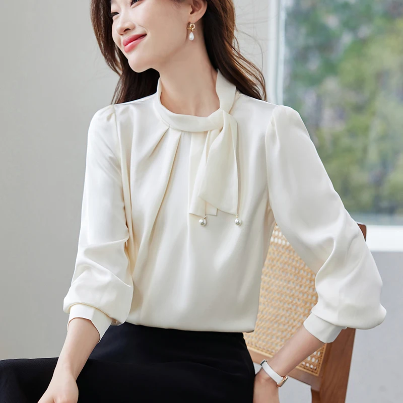 Bow Collar Shirts for Women 2025 Spring Vintage White Shirt Women Satin Professional Ladies Tops Korean Fashion Women's Clothing