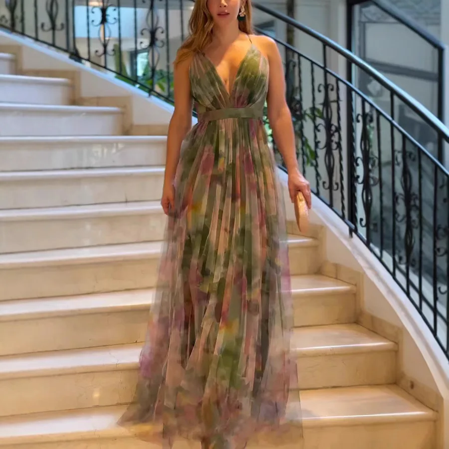 Fashion Women's Floral Print Party Dress V-Neck Sleeveless Lace Up Maxi Long Dresses Ladies Holiday Party Club Dress Robe