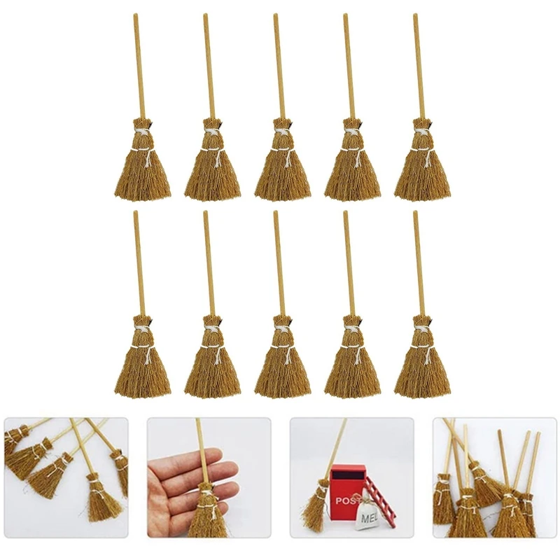 10pcs Mini Broom Red Rope Straw Brooms Hanging Furniture Model Doll House Decoration Halloween Party Costume Witch Accessories