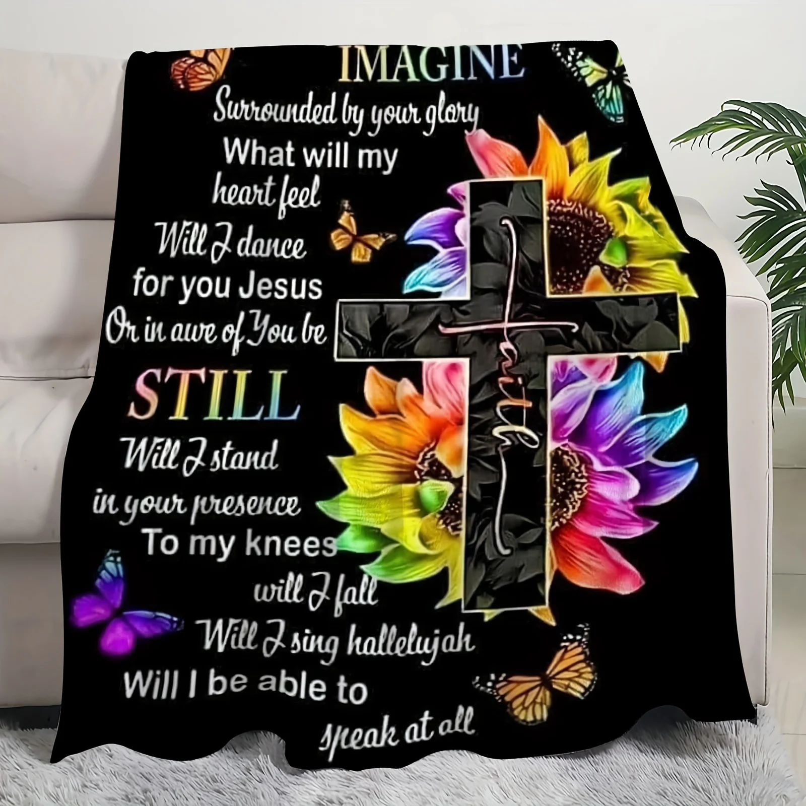 Colorful Sunflower Cross Butterfly Faith Throw Blanket for Living Room Sofa Daily Use Birthday Spiritual Family Present