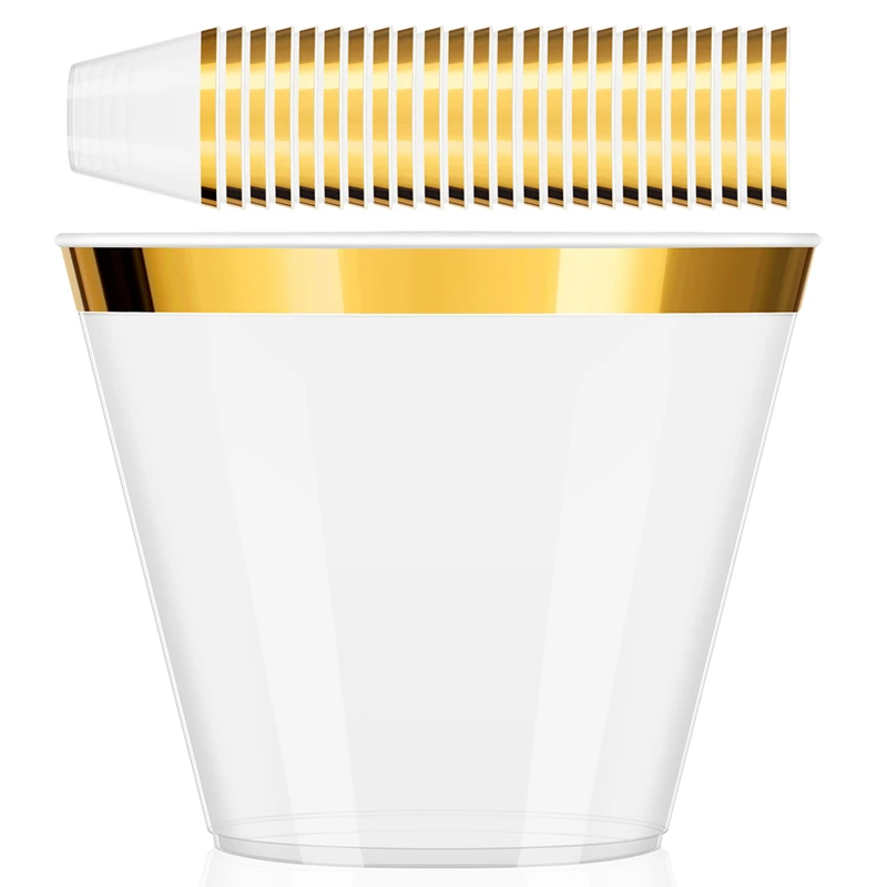 와인 잔 황금 플라스틱 컵 9 온스 일회용 컵 플라스틱 와인 잔 컵 파티를위한 투명 플라스틱 컵