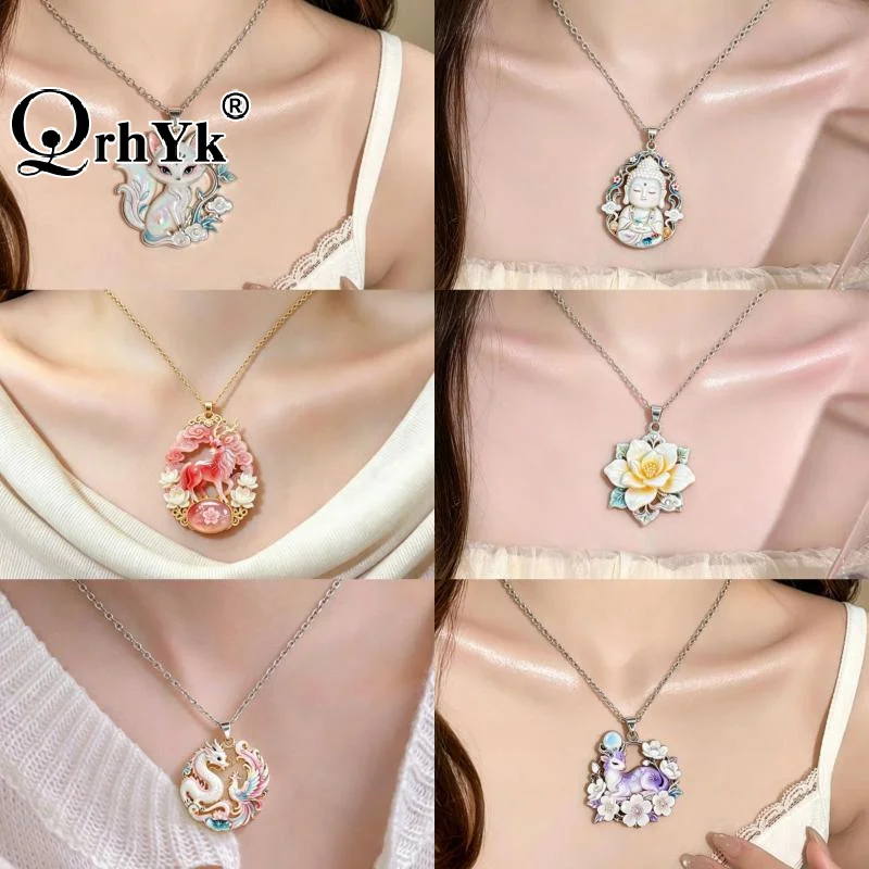 Chinese Mythology Nine Tailed Fox Enamel Pendant Necklace For Women Silver Tone Chain Trendy Exquisite Jewelry Gifts