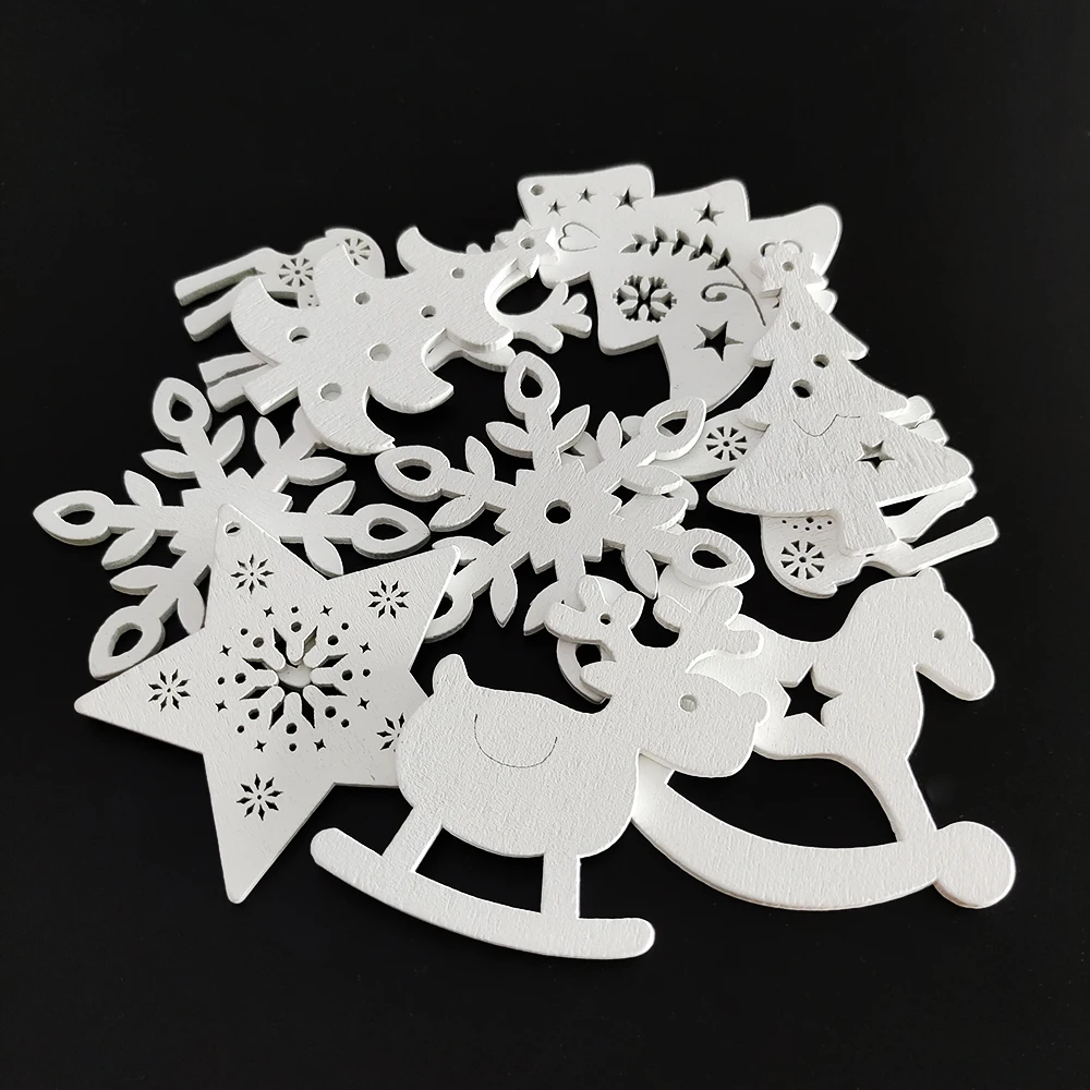 10Pcs Christmas Wooden Chips Slice Christmas Pendant Red White Snowflake Xmax Tree Hanging Pendant Christmas Decorations Crafts