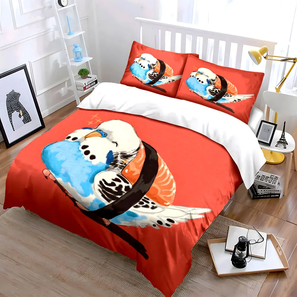 3Pcs Sushi Budgie Cartoon Bedding Set, Cute Kawaii Parrot Print Duvet Cover 2 Pillowcases Single Double King Queen, Gift