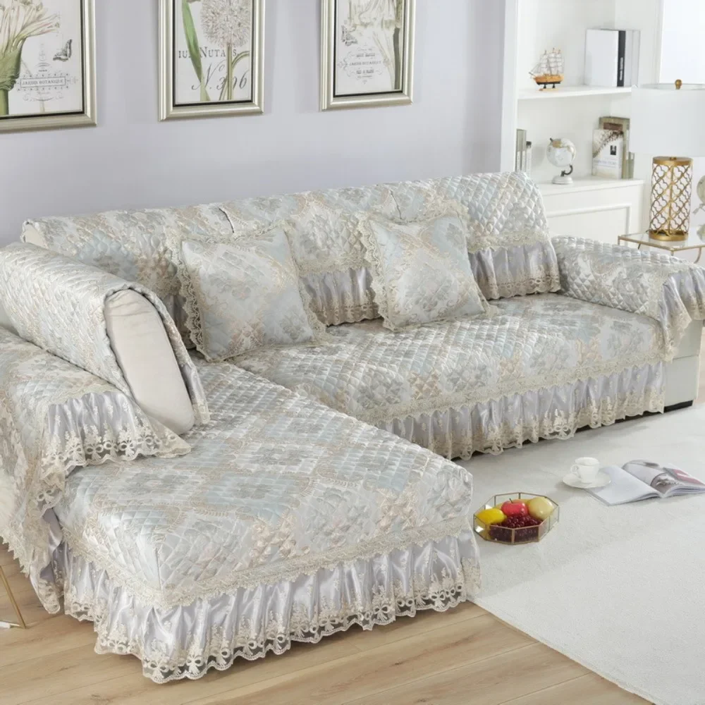 Luxurious European Sofa Cover All Seasons Non-slip Sofa Slipcover - High Popularity with Beautiful Pale Green Lace Sofa Towels