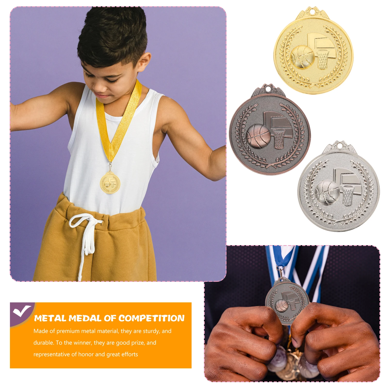 

3 Pcs Gold Medal Metal Sports Zinc Alloy Basketball Trophy Competition Award Medals