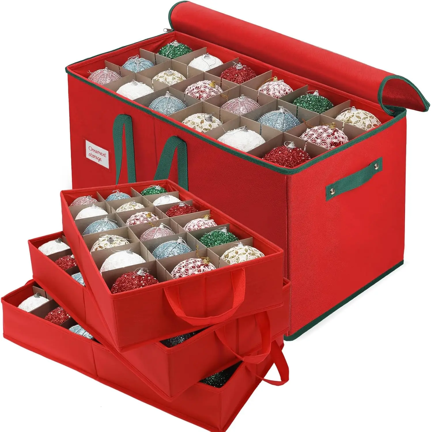 

Коробка для хранения рождественских украшений с 3 лотками, регулируемыми перегородками, вмещает до 54 украшений, прочная ткань Оксфорд