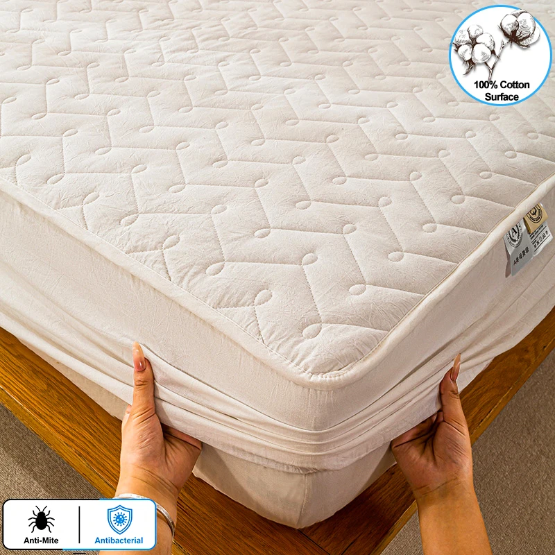 100% Cotton Surface Quilted Fitted Mattress Protector, Anti-Mite Antibacterial Mattress Cover,Soft Breathable Bed Mattress Cover