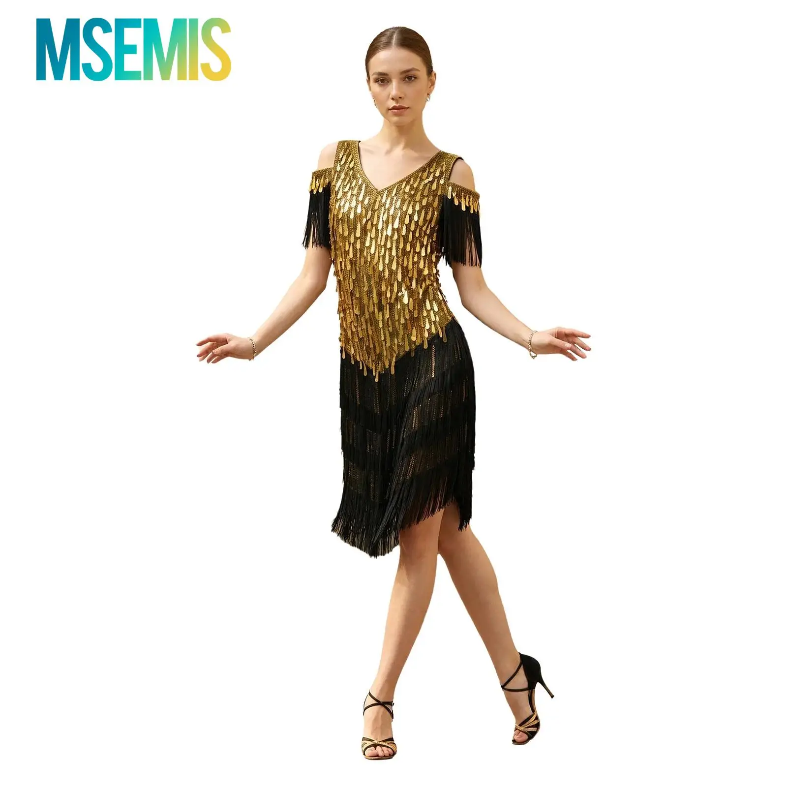 Women V Neck Sequin Tassel Latin Dance Dress Fringe Flapper Dress Salsa Tango Ballroom Dance Competition Performance Costume