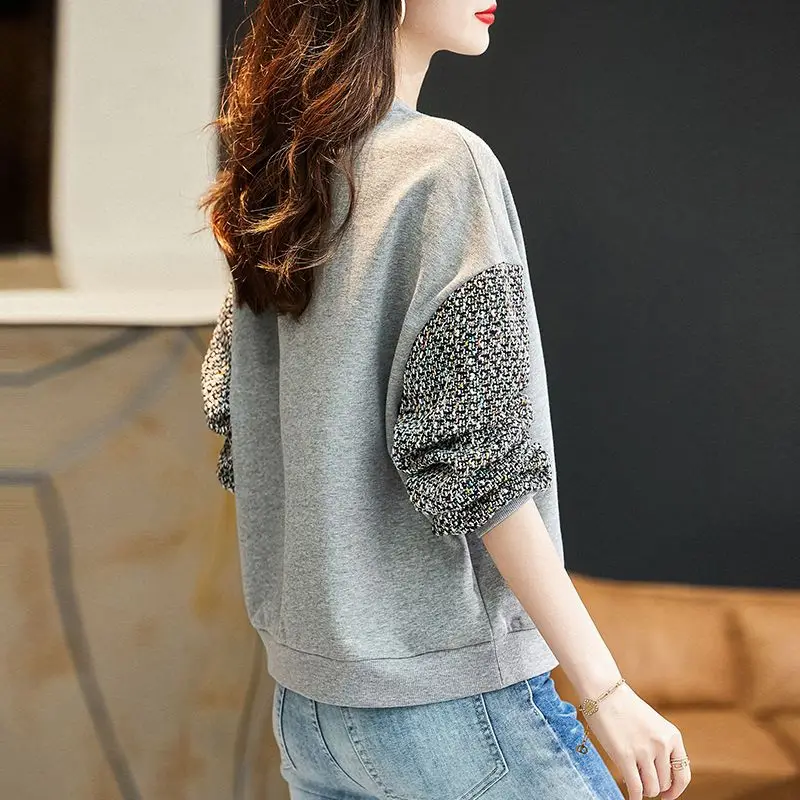 Women\'s Autumn Winter Fashion Solid Color Pullover Round Neck Pocket Thread Casual Versatile Long Sleeve Loose Sweatshirt Tops