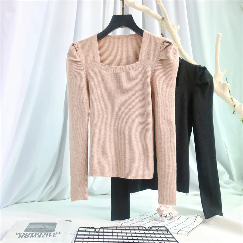 Ardm Elegant Square Neck Pleated Long Sleeve Top Slim Knitted White Winter Sweater Women Black Pull Femme Pullover Shirt