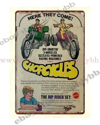 1p,garage 1972 toy ads  CHOPCYCLES wheeler motorcycles metal tin sign