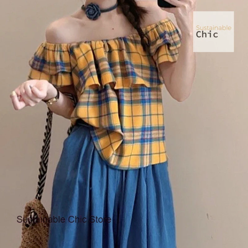 

French ruffled one-shoulder contrast plaid dopamine flared sleeve top women's summer retro design sweet and spicy wild T-shirt