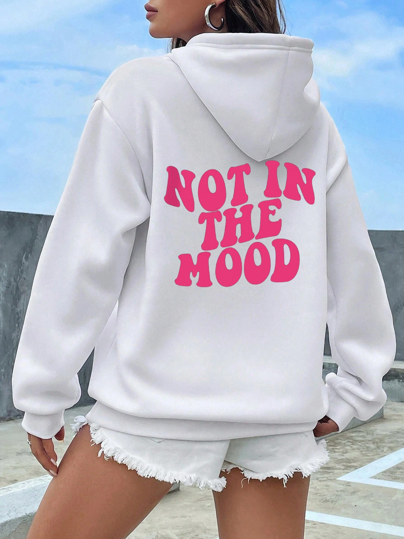 Not in the Mood Back Letter Printed Women\'s Hoodie Drawstring Women\'s 2024 Autumn/Winter Hoodie High Street Fashion Women\'s Wear