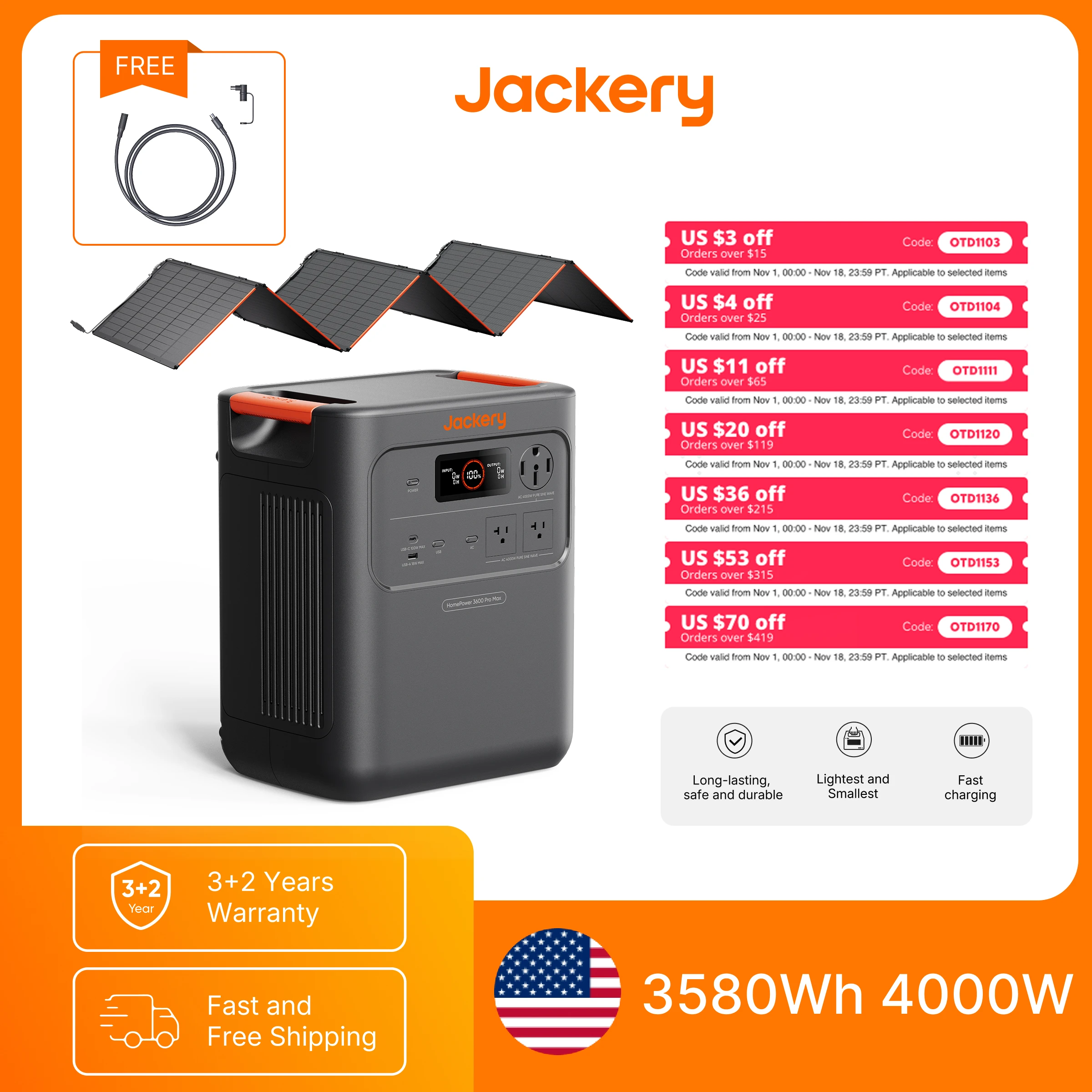 Jackery HP3600 Pro Max 3579Wh Portable Power Station, 3600W LiFePO4 Solar Generator with 500W Solar Panel and 5m Extension Cable, 2000W 120V / 4000W 240V Output for Emergency Home Backup RV