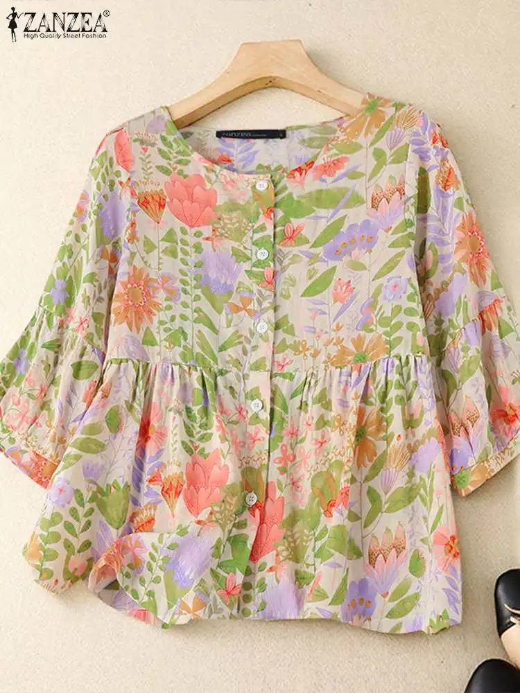 

ZANZEA Bohemain Printed Blouse Elegant Summer Shirt Women 3/4 Sleeve Floral Blusas Beach Tops Female Casual Holiday Tunic Mujer