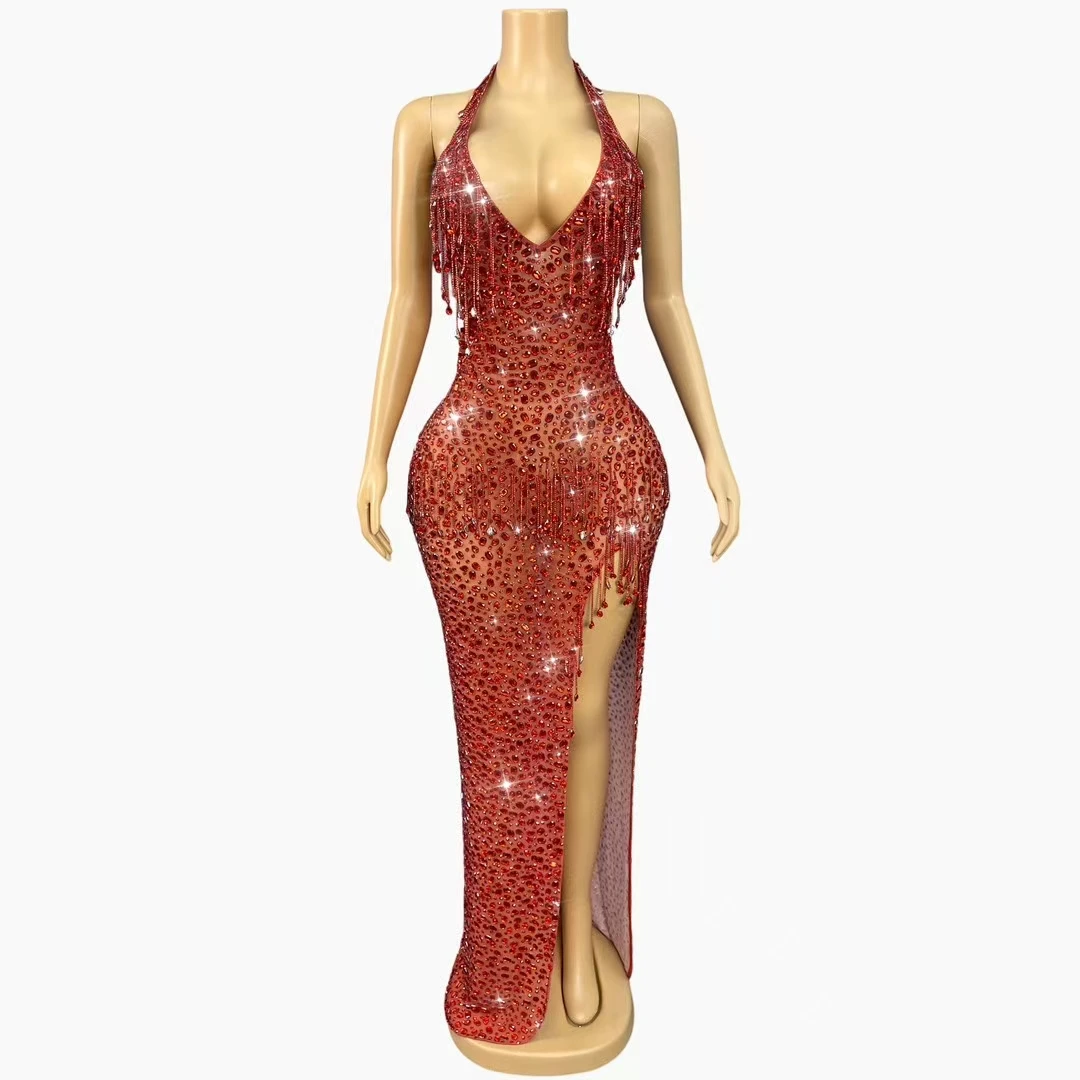 Luksusowa Sukienka Maxi z Frędzlami i Diamentami na Urodziny, Imprezę, Bal, Studniówkę, Damska Sukienka Wieczorowa do Klubu, Bez Pleców, Długa do Podłogi, Bankietowa