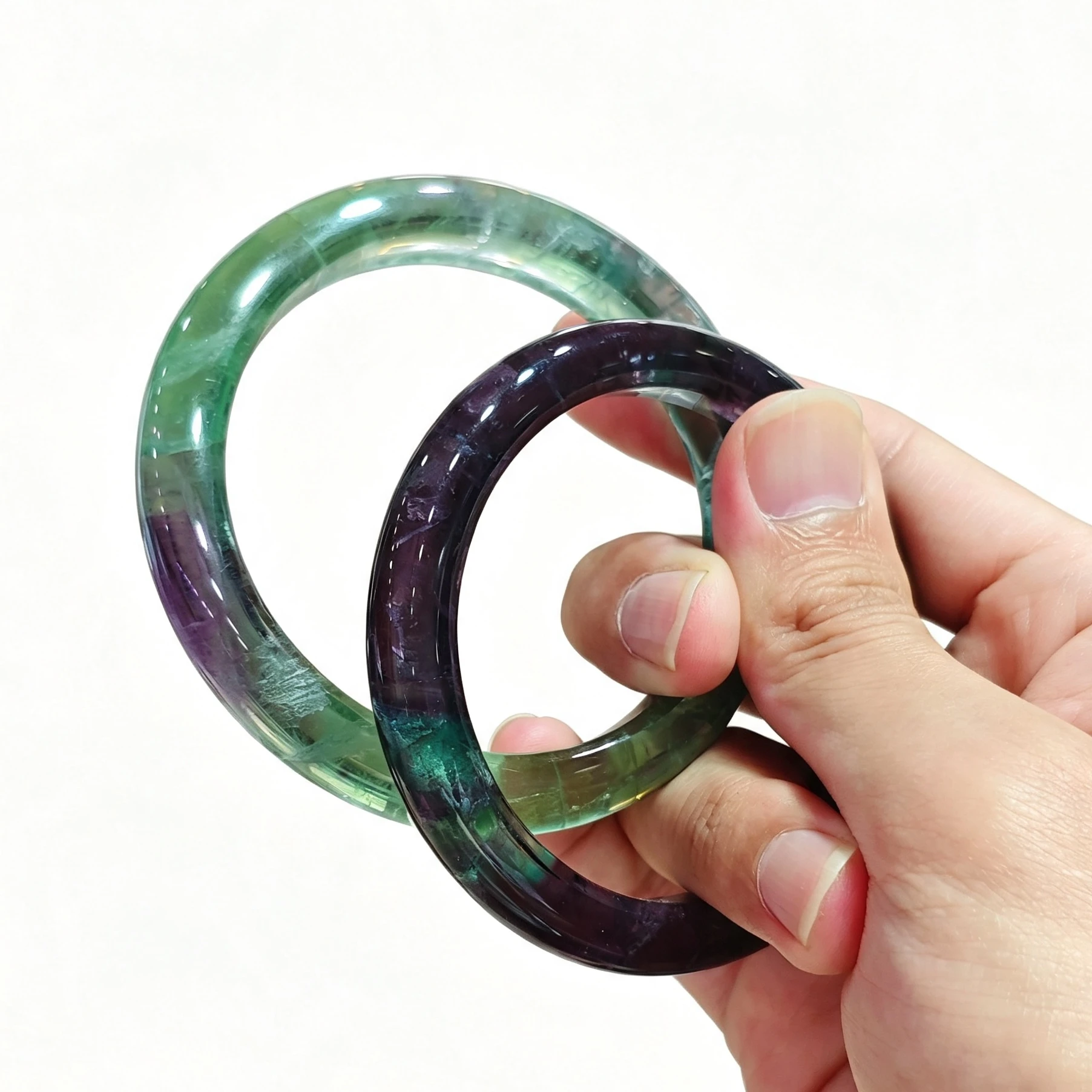 Natural High Clarity Purple Green Fluorite Bangle Smooth Two Tone Gemstone Bracelet Rare Color Banding Crystal Wristband 1 Pc