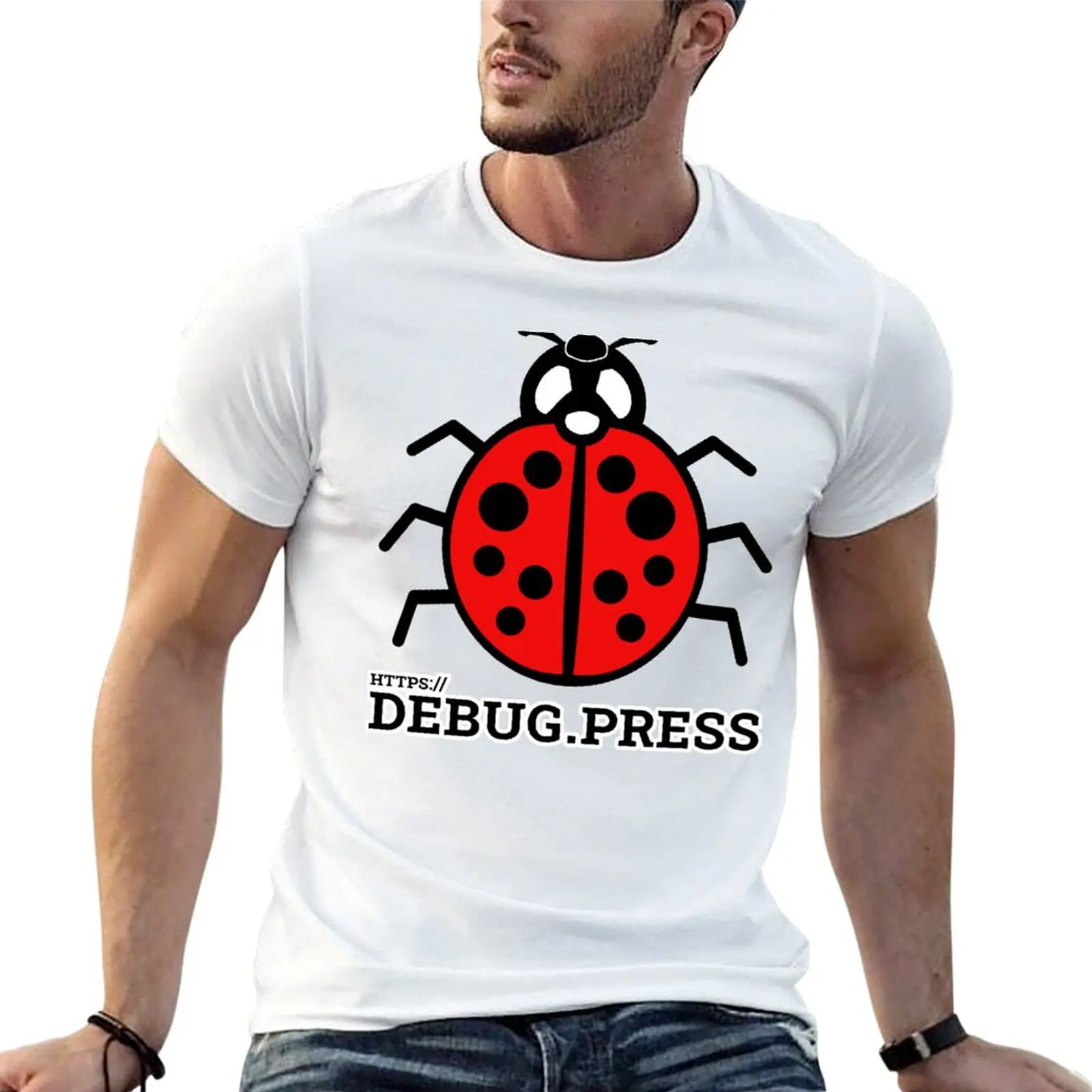 DebugPress: Black and Red Ladybug Sign with Title T-Shirt Basic Solid Color Casual Tee Shirt