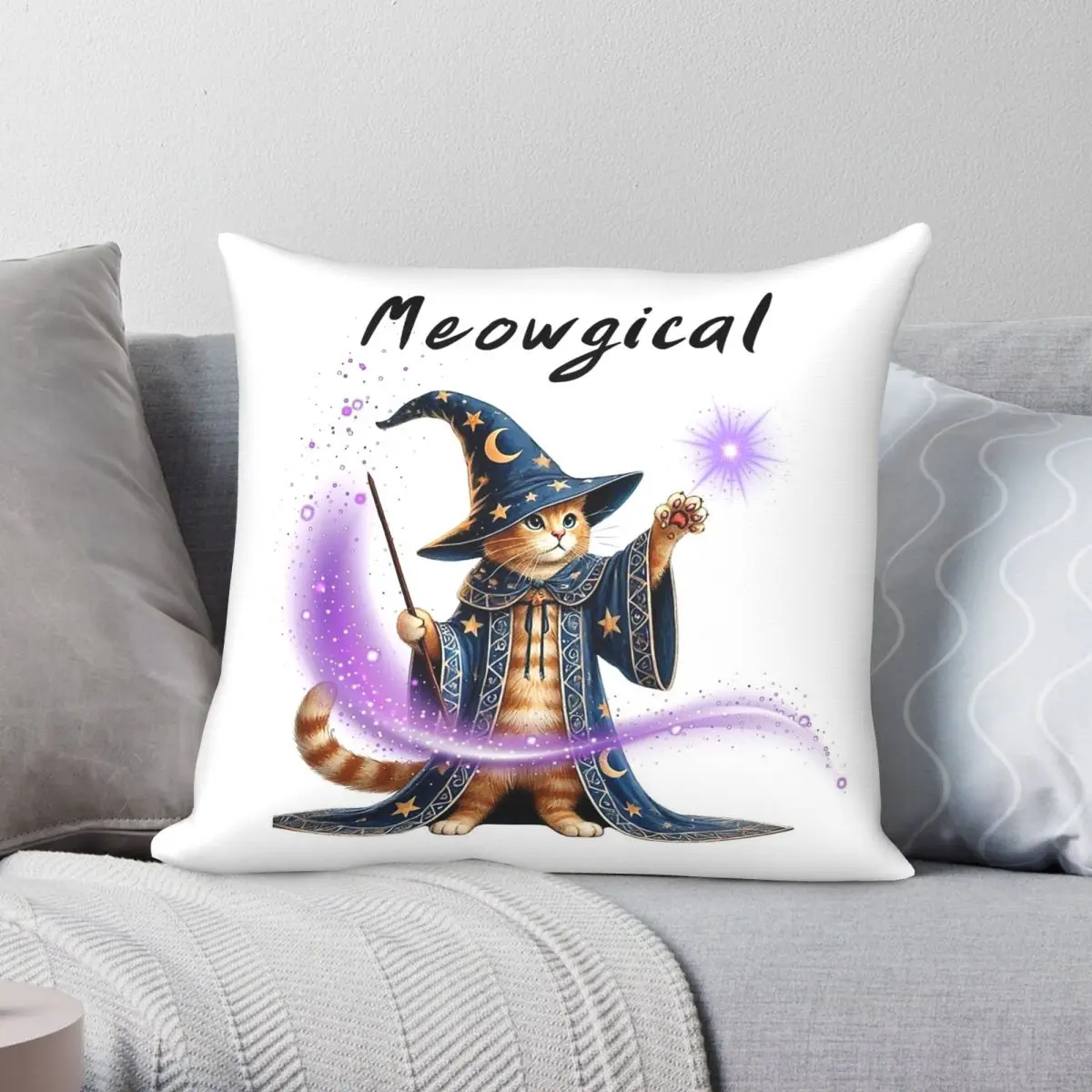 Wizard Cat Casting Magic Wand Square Pillowcase Polyester Linen Velvet Pattern Zip Decor Sofa Seater Cushion Case 45x45