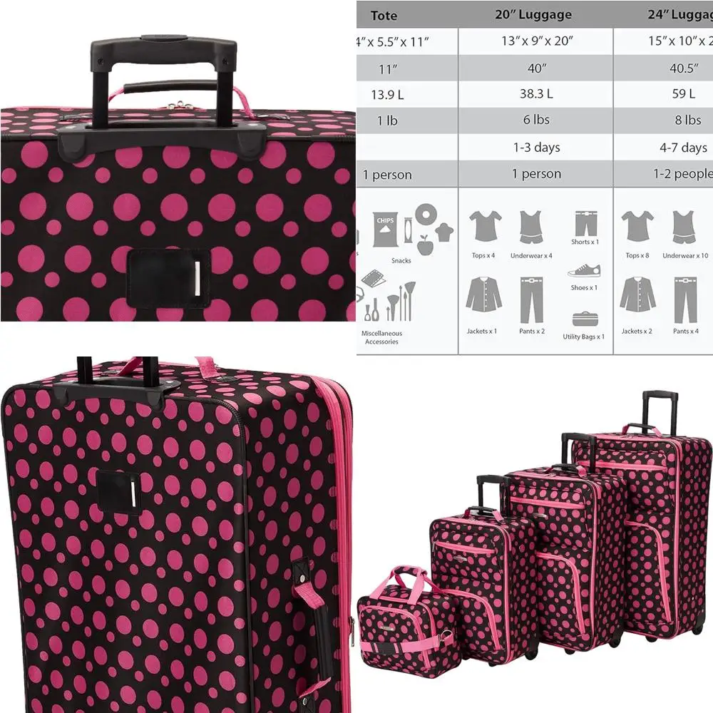 

4-Piece Rockland Fashion Softside Luggage Set in Black/Pink Dot (14, 19, 24, 28)