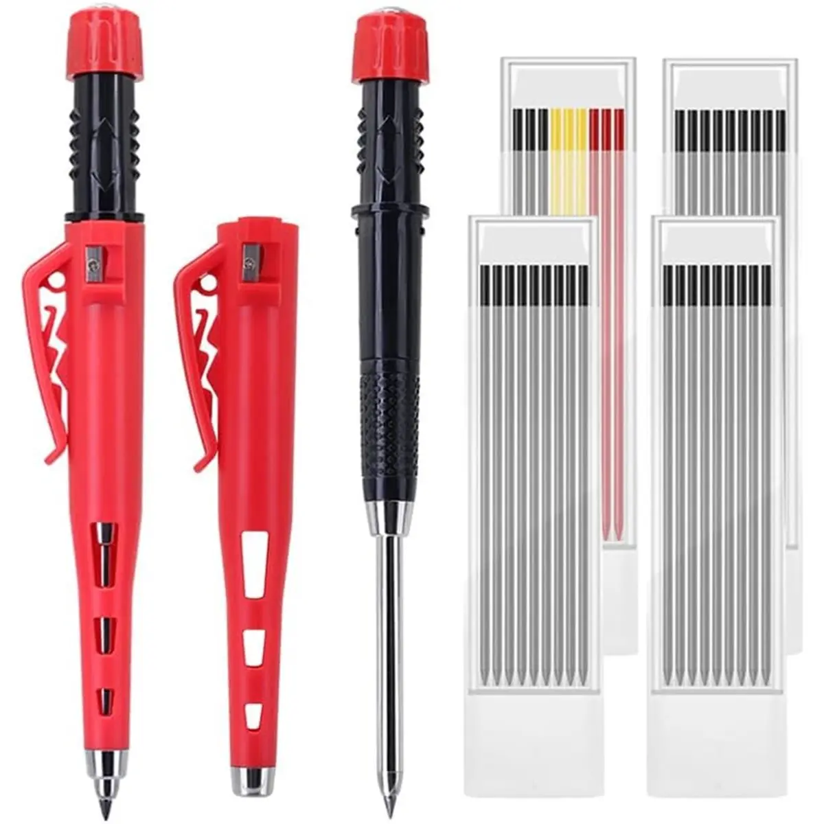 L63A 55mm Long Nib Carpenter Pencil Set - 2 Deep Hole Marking Pencils with 4 Boxes 36 Refill Leads, Works with Cap On, DIY B
