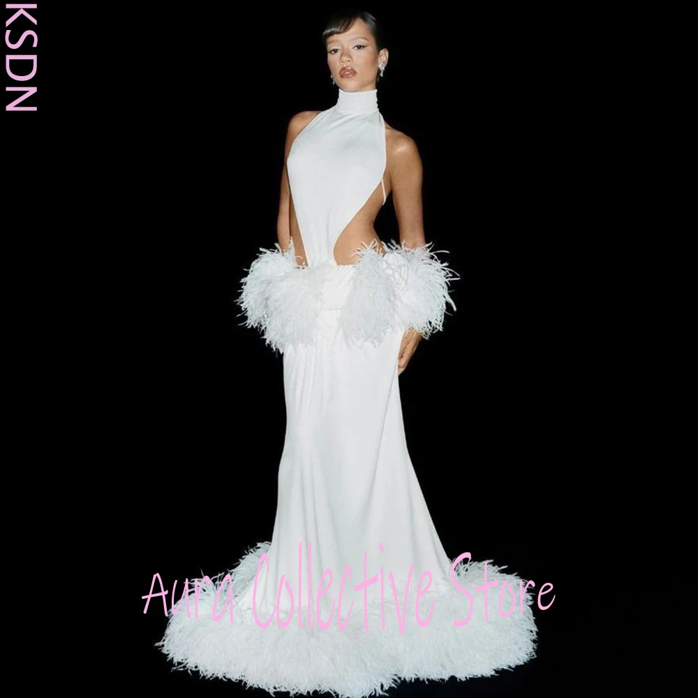 White Halterneck Cutout Evening Gown Floor-Length Dress with Feather Accents on Waist and Train Luxurious Formal Party Outfit