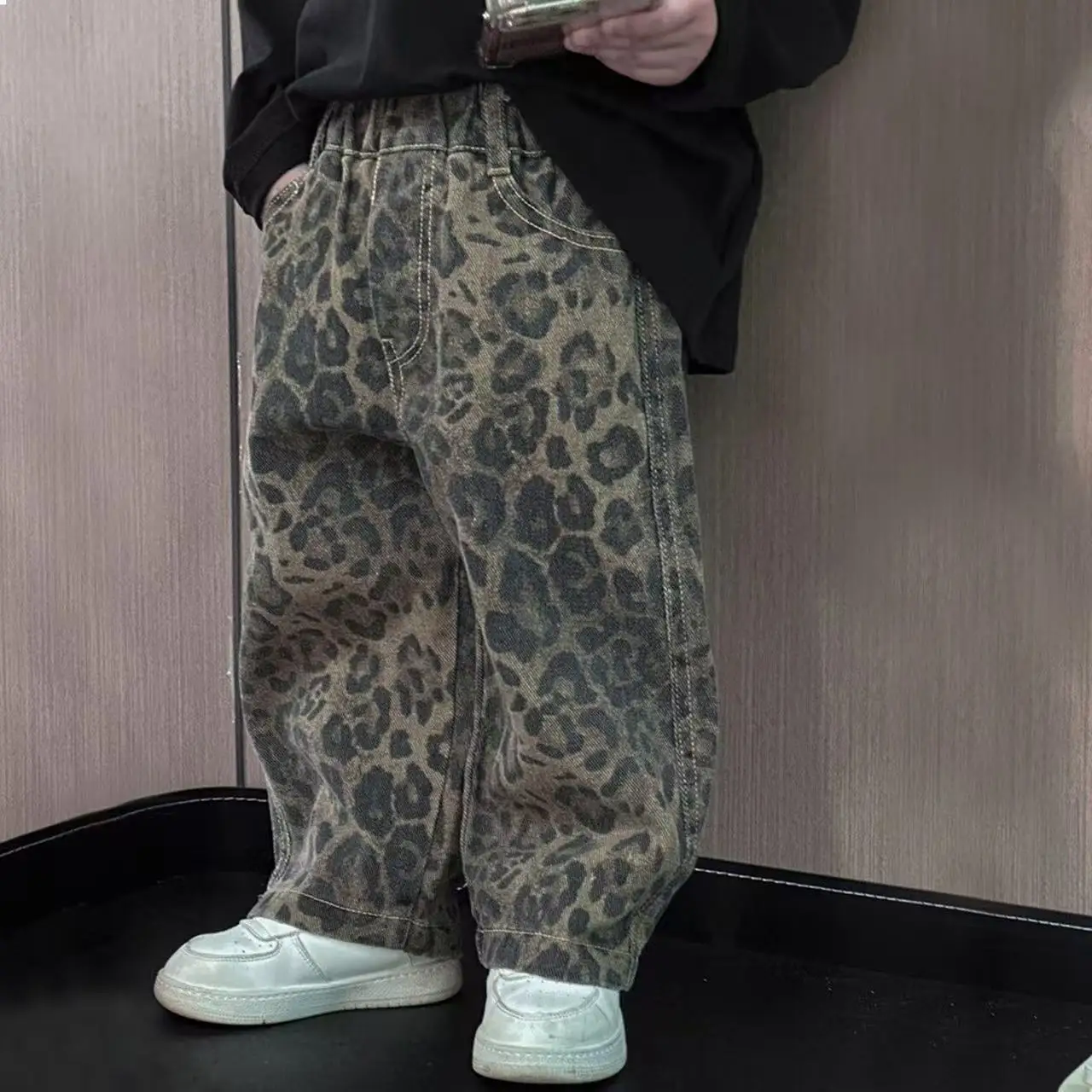 Spring Autumn Children's Pants Boys Leopard Print Jeans Korean Baby Clothing Kids Handsome Casual and Fashionable Loose Trousers