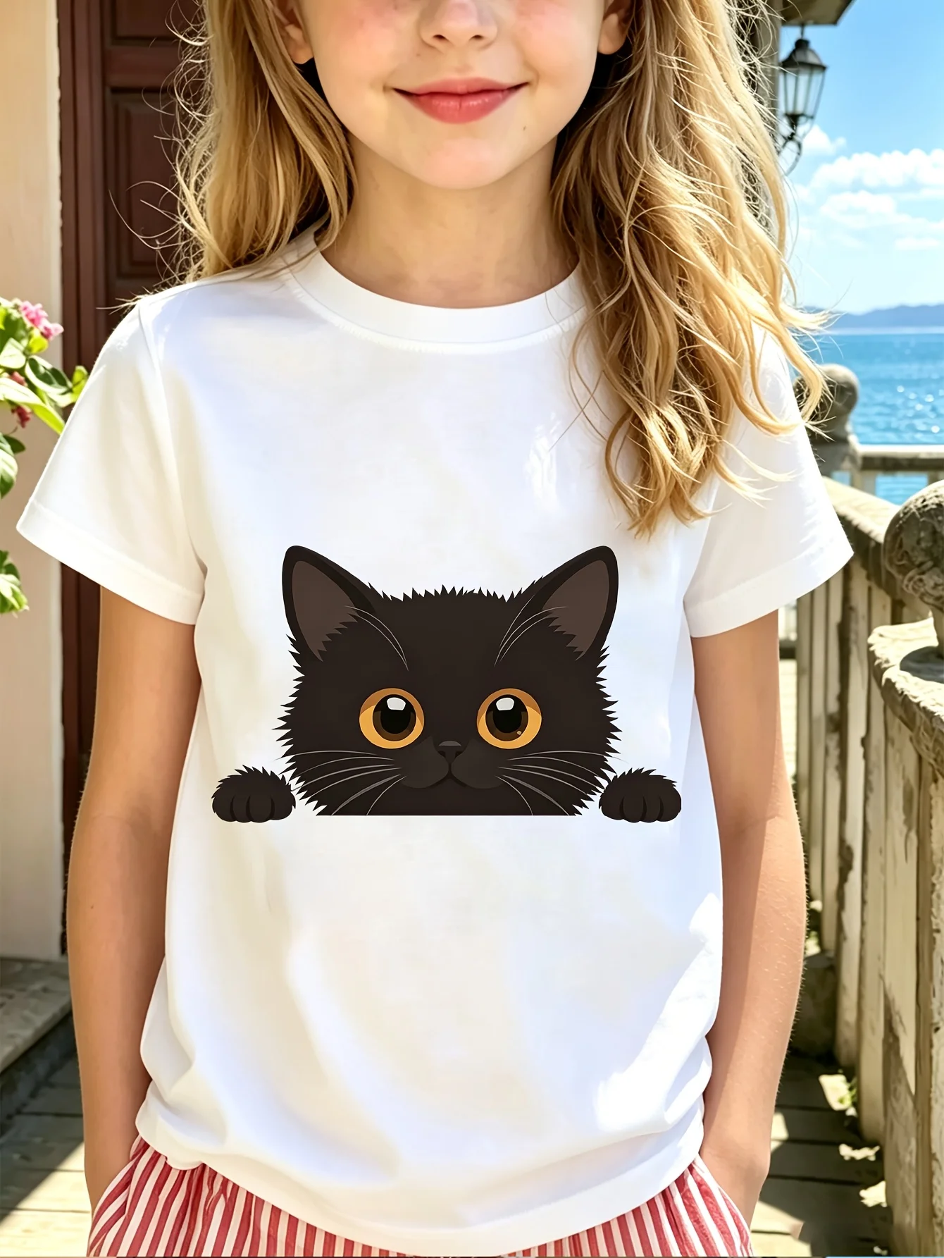 Family Matching T Shirt Lovely Peekaboo Black Kitten Graphic Print Short Sleeve Cotton Tee For Boys Girls Kids Daily Casual Wear