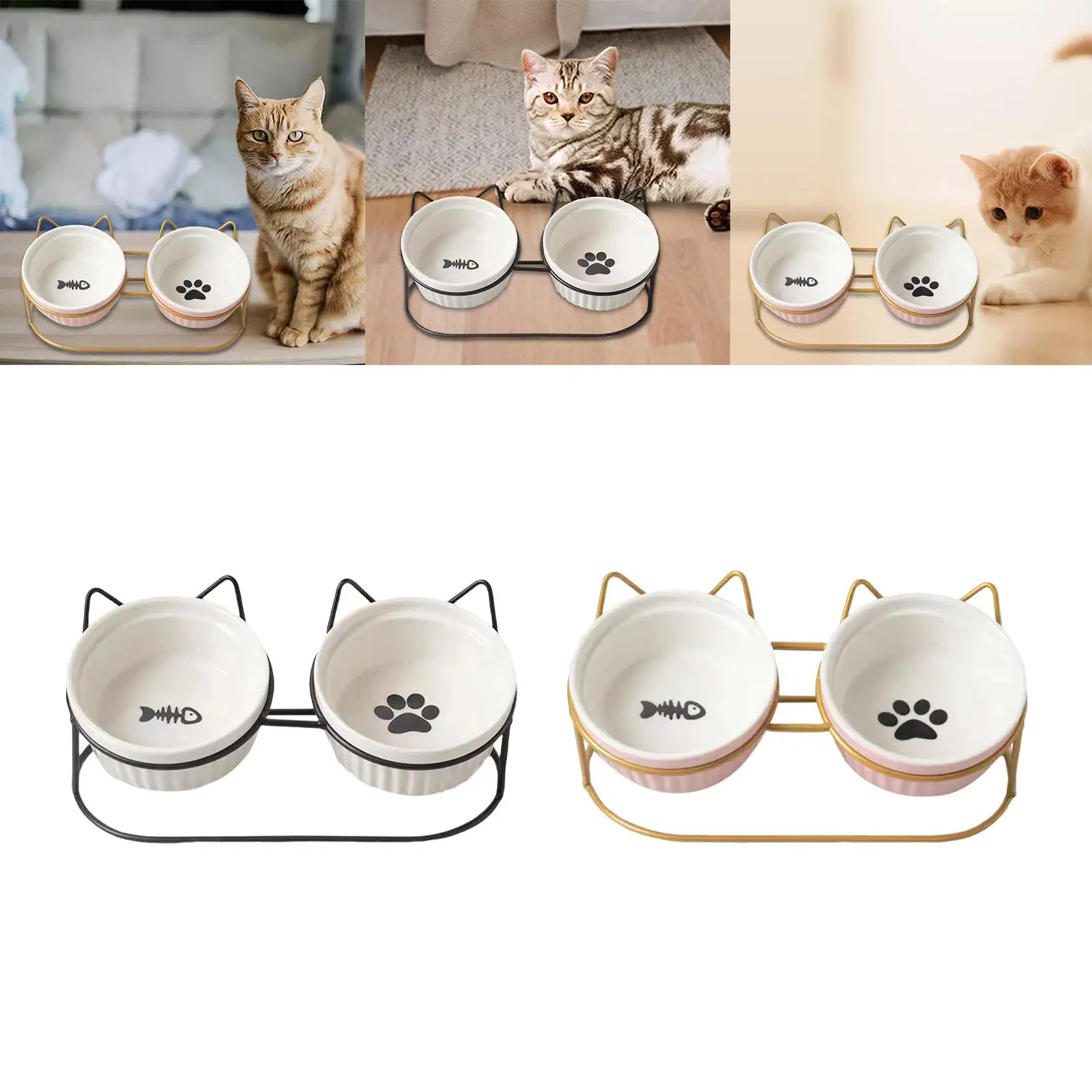 Ceramic Double Cat Dog Bowl Separable Raised Cat Dish with Iron Holder Shelf Non