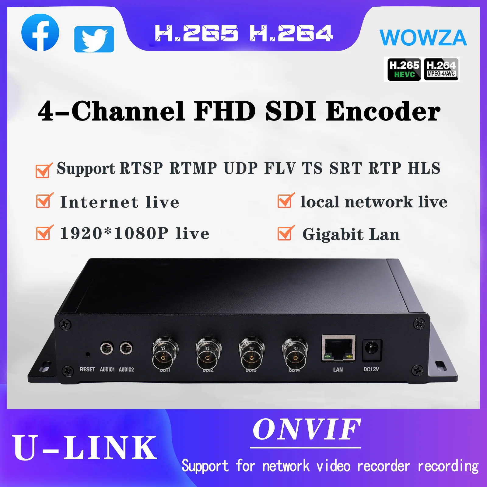 

H265 HEVC H264 Streaming IPTV 4 Channel HD SDI TO IP SRT RTMP RTSP UDP HLS HTTP 4K Video Mini Digital Encoder For Hotel Facebook