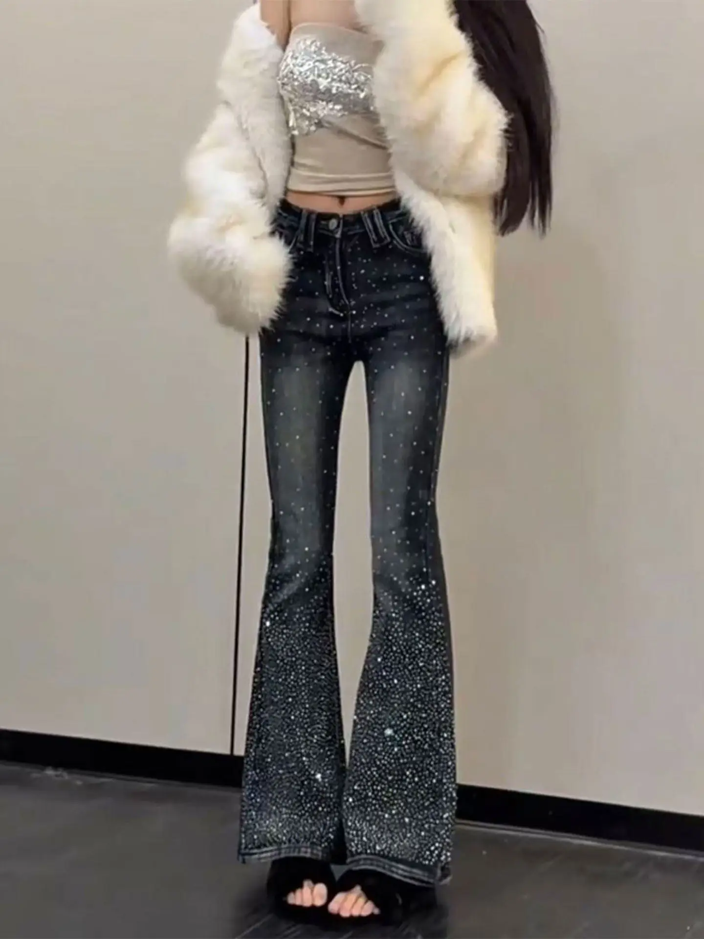 Women's High Waist Bell Bottom Jeans Micro Flared Denim Spring Season Small Size Spicy Tight Elastic Long Pants Zipper Closure