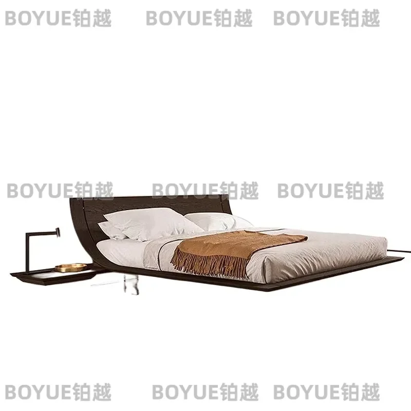 Modern Solid Wood Floating Bed with LED Light Strip Italian Curved  Luxury Large Double Bed for Master Bedroom Villa