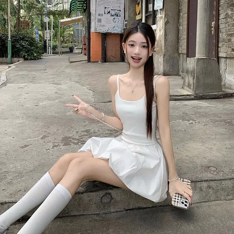 

Милое белое мини-платье с бутоном цветка, женское корейское тонкое платье на подтяжках с завязкой на талии, женское милое балетное платье трапециевидной формы на бретельках