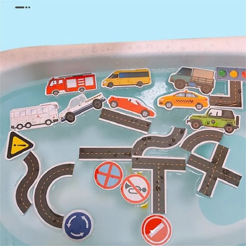 23 sztuki zabawka na wodę do kąpieli Sticky Wall City Traffic Car Road Rail Puzzle Vinyl 0-3Y 3-6Y 6-12Y 12y 14 Y Bath Features