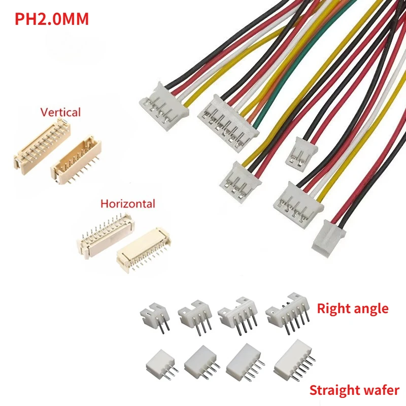 10set  PH2.0mm Straight/Right Angle/Vertical Horizontal SMD Male Pin Wafer+10/20/30cm 2/3/4/5/6-12P Plug Wire Cable Connector