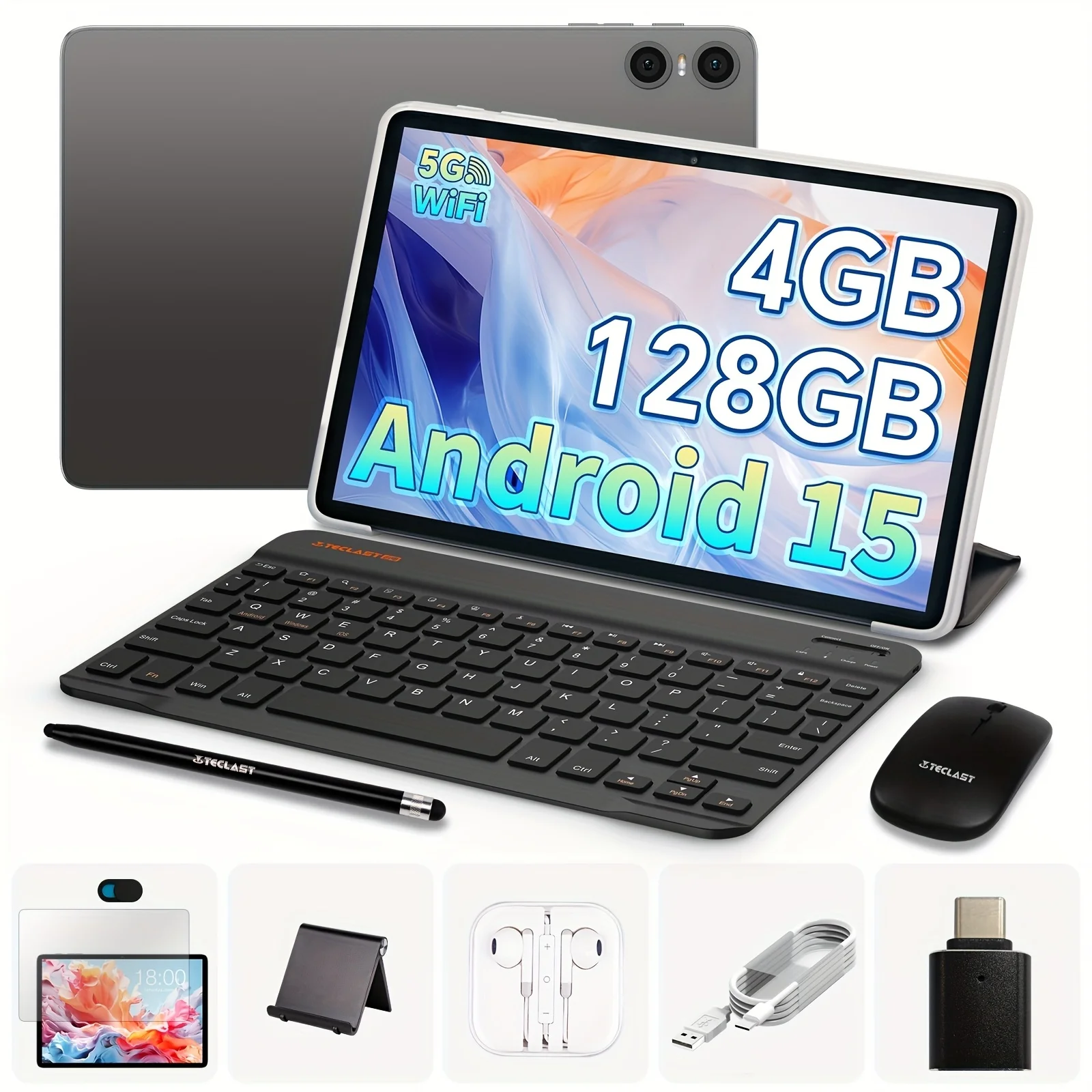 Teclast P30T Android 15 Tablet,10.1 inch，4GBRAM,128GB ROM, Tablet Case， with Keyboard &Wireless Mouse Accessories Bundle