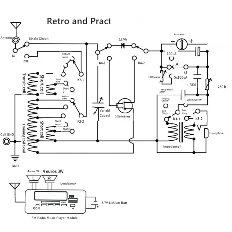 RISE-Rádio de cristal de ondas médias e ondas curtas Rádio de cristal retrô com rádio FM e módulo de reprodutor de música MP3