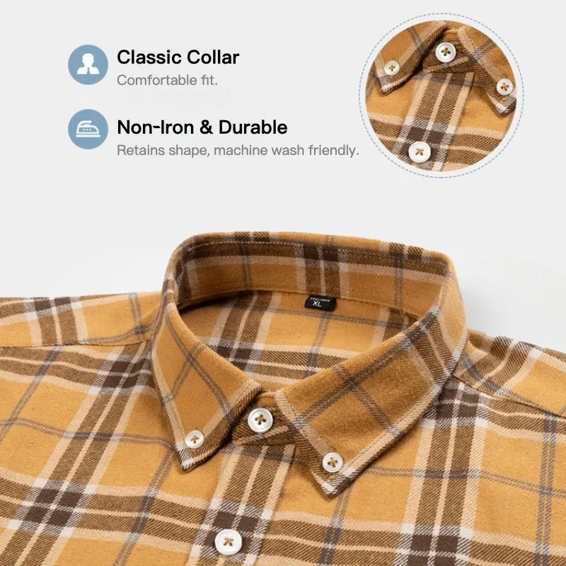 100% Cotton Brushed Plaid Shirt Men Long Sleeve Casual Loose Fit Button Down Top