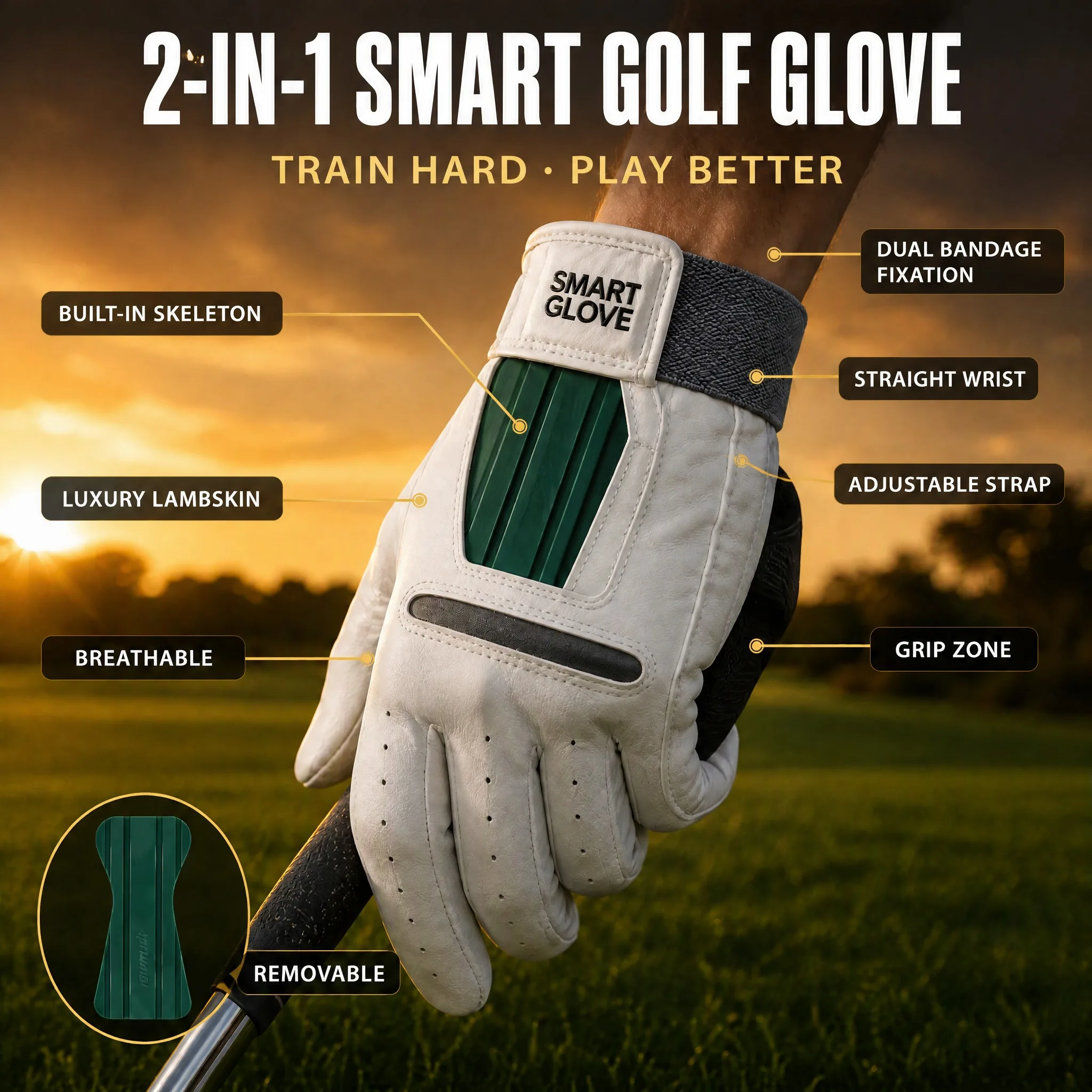 Golfhandschuhe Dual-Use aus indonesischem Lammleder, Schwungtrainer, herausnehmbarer Korrektur-Einsatz, gerader Handgelenk, atmungsaktiv, rutschfest, für das Training.