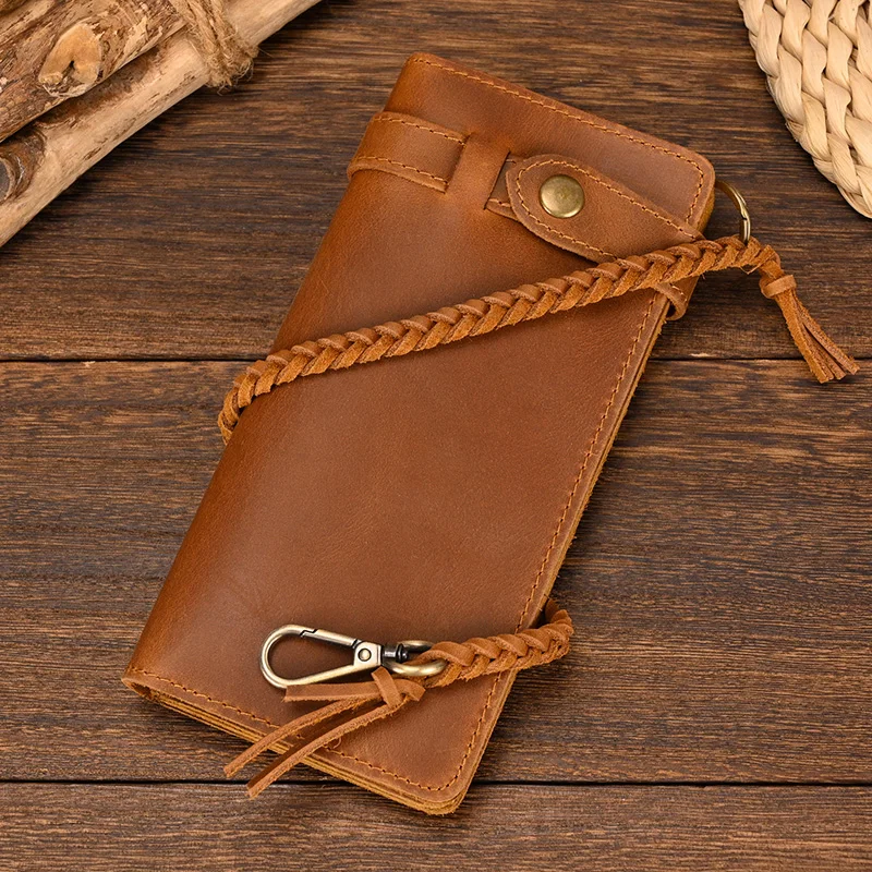 Vintage Crazy Horse leather men long wallet Hasp Open large capacity zipper coin purse genuine leather chain clutch men wallets