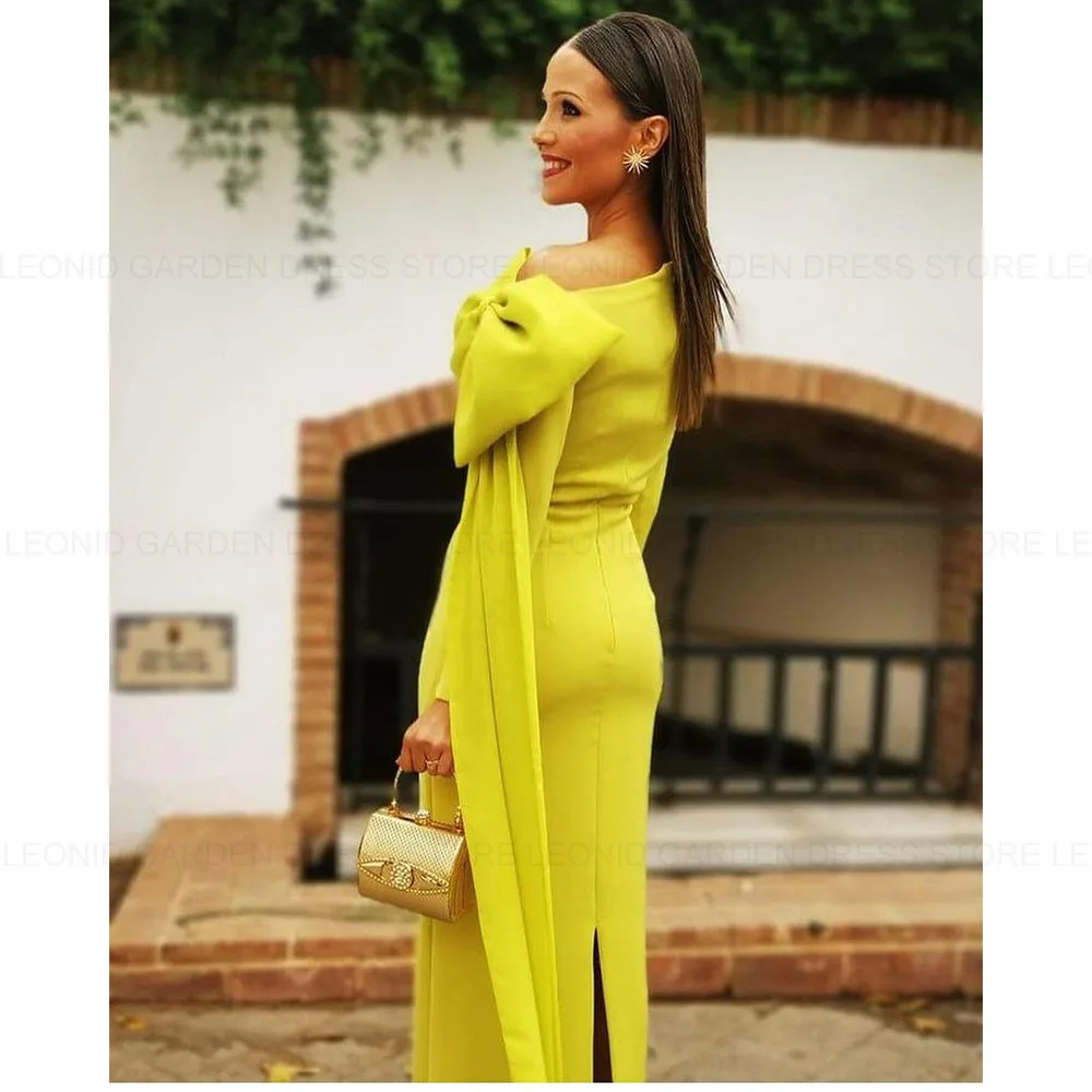 LEONID Yellow Simple Bow Mother of the Bride Dresses 2024 Sheath One Shoulder Front Split Long Elegant Wedding Guest Party Dress