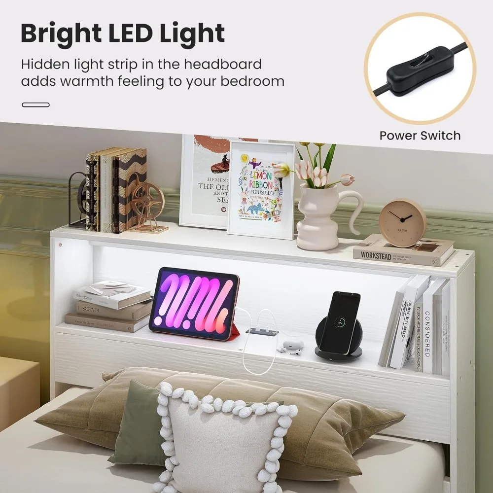 إطارات سرير Giantex المزدوجة مع لوح رأسي للتخزين، وسرير بمنصة خشبية مع قاعدة شحن وإضاءة LED، وسرير فردي مع شرائح Suppo #6