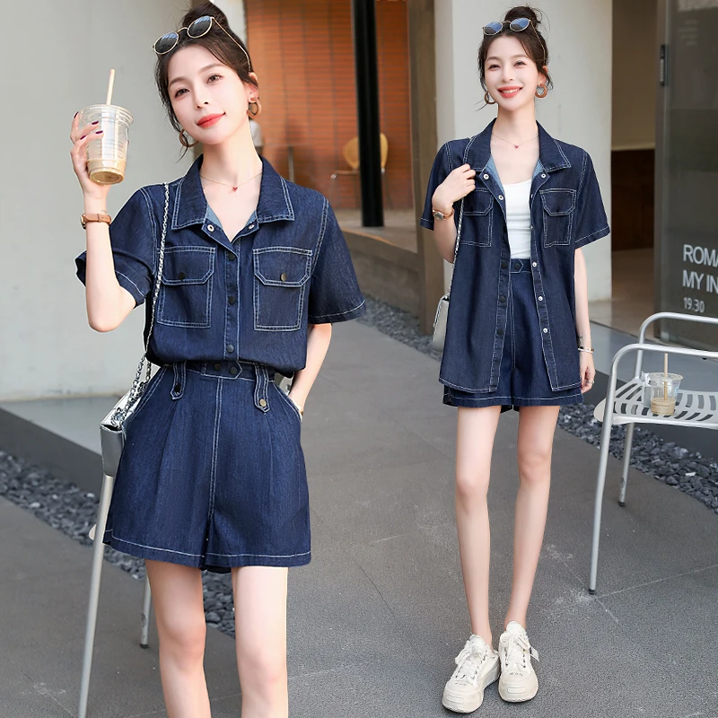 

Casual Denim Suit Women's Summer Thin Loose Short-sleeved Shirt Jacket High Waist Shorts Two-piece Set Fashion Female Clothes