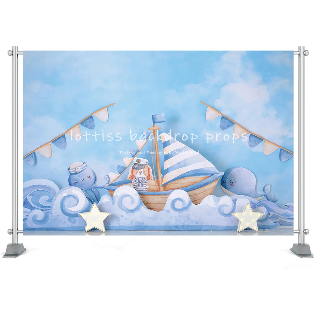 Boat Undersea Theme Backdrop Kids Cake Smash Props Fish Coral Jellyfish Captain Boy Birthday Background Baby Photostudio Props