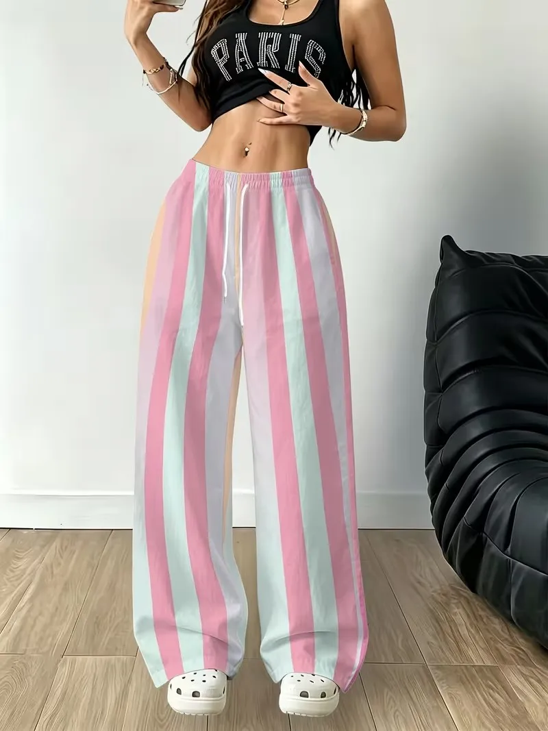 Ladies' casual pants, 3D striped printed loose straight leg pants, retro casual pocket drawstring strap versatile pants